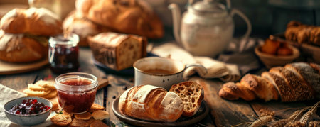 A cozy breakfast table with assorted bread, a cup of coffee, and jam jars. Warm, inviting colors dominate the scene, creating a comforting feel.の素材