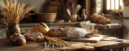 A country-style kitchen table with assorted bread, a vintage bread knife, and a bunch of dried wheat. The scene features warm, inviting colors to evoke nostalgia.の素材