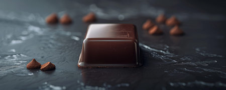 A minimalist chocolate scene with a single piece of artisanal chocolate placed on a dark, glossy surface, with delicate reflections highlighting its smooth texture. The background is clean and simple.の素材