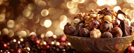 A festive chocolate background with an assortment of chocolate-covered nuts and dried fruits, arranged in a decorative bowl, set against a sparkling, festive backdrop.の素材