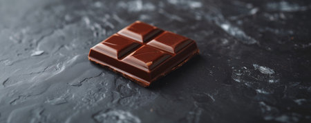 A minimalist chocolate background with a single, glossy piece of dark chocolate placed on a matte, dark surface, with soft reflections adding a touch of elegance.の素材