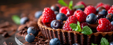 A luxurious chocolate background with a close-up of a rich chocolate tart topped with fresh berries and mint leaves, set against a soft, blurred background.の素材