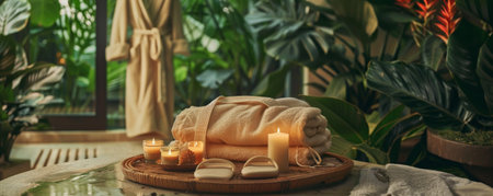 A luxurious spa setting featuring a plush robe, a pair of slippers, and a tray of scented candles, with tropical plants in the background. The colors are warm and inviting.の素材
