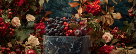 A luxurious podium background featuring a marble podium surrounded by an assortment of berries. The backdrop includes rich, dark colors and elegant floral accents.の素材