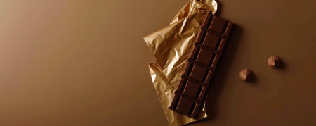 A minimalist chocolate scene with a sleek, dark chocolate bar partially unwrapped from its gold foil, set against a simple, elegant brown backdrop.の素材