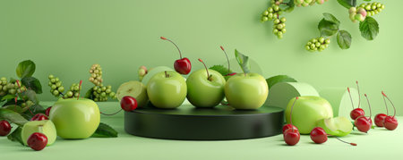 A minimalist fruit-themed podium setup with a black podium surrounded by green apples and red cherries. The backdrop is simple with soft green tones.の素材