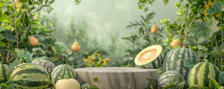 A natural fruit podium scene with a stone podium surrounded by fresh melons, including watermelon, cantaloupe, and honeydew. The background includes a serene garden setting with soft pastel colors.の素材