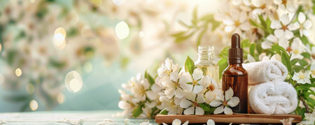 A serene spa scene with a collection of essential oils, fresh flowers, and a fluffy towel on a wooden tray, all set against a soft pastel background.の素材