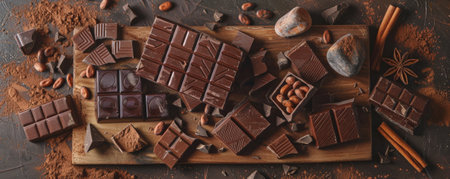 A rustic chocolate scene with a wooden board filled with assorted chocolate bars and cocoa nibs, set against a backdrop of scattered cocoa powder and cinnamon sticks.の素材