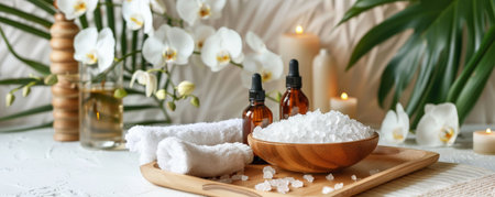 A serene spa setup with a wooden tray holding a bowl of bath salts, essential oil bottles, and a white towel, all set against a backdrop of bamboo and orchids.の素材