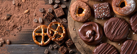 A rustic chocolate background featuring a selection of chocolate-coated pretzels and biscuits, arranged on a wooden board with a backdrop of scattered cocoa powder.の素材