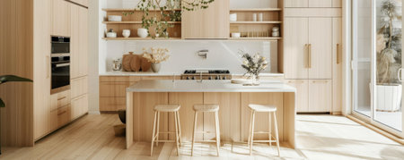 A Scandinavian kitchen with light wood cabinets, white countertops, and minimalistic decor, creating a clean and airy look.の素材