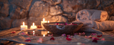 A relaxing spa background with a bowl of water and floating flower petals, alongside a soft towel and aromatic candles, all on a wooden surface with a stone wall background.の素材
