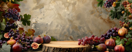 A rustic fruit-themed podium background with a wooden podium surrounded by clusters of grapes, figs, and pomegranates. The background includes vine leaves and warm, earthy colors.の素材