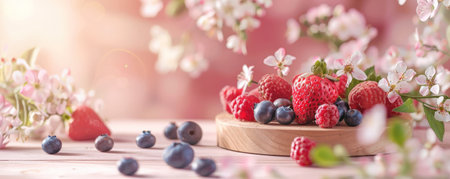 A stylish podium background with a wooden podium adorned with a variety of berries, including strawberries, blueberries, and raspberries. The setting is accented with delicate flowers and a pastel color scheme.の素材
