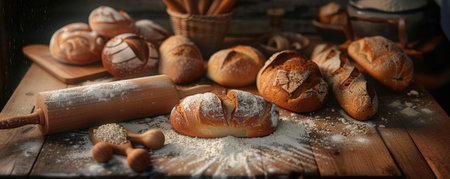 A wooden table with a variety of bread, a rolling pin, and a dusting of flour. The scene is in warm, earthy tones to evoke a rustic atmosphere.の素材