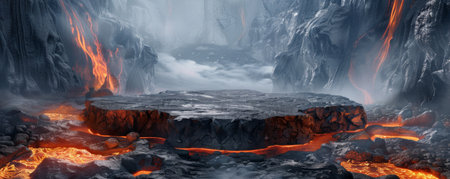 A volcanic podium background with a podium sculpted from cooled lava rock, surrounded by active lava flows. The backdrop features a volcanic landscape with steam vents and glowing magma pools.の素材