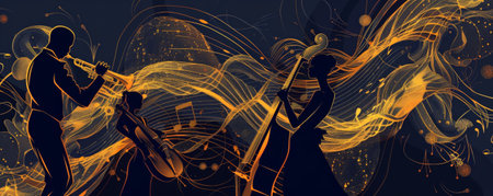 Classy jazz music background with deep, rich colors and intricate gold details. Silhouettes of musicians and flowing musical notes create a luxurious feel.の素材