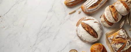 Bread bakery background with a white marble countertop, showcasing a variety of bread types, from baguettes to sourdough, arranged neatly with a dusting of flourの素材