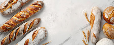 Bread bakery background with a white marble countertop, showcasing a variety of bread types, from baguettes to sourdough, arranged neatly with a dusting of flourの素材