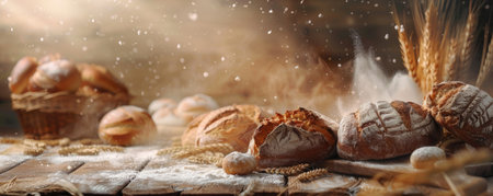 Bread bakery background with a rustic wooden table filled with freshly baked bread loaves, wheat stalks, and flour dust, creating a warm, homely atmosphereの素材