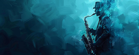 Cool jazz music background with icy blue tones and a sleek, modern design. The overall feel is fresh and contemporary, perfect for a chill jazz session.の素材
