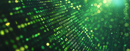 Design art background featuring a digital matrix of green numbers on a black background, evoking a sense of technology and mysteryの素材