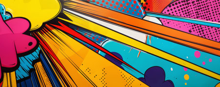 Design art background showing a pop art style with bold, flat colors and comic book elements, creating a playful and lively vibeの素材