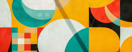 Design art background with a retro-inspired geometric pattern in bold primary colors, playful and nostalgicの素材