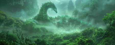 Dragon in a Misty Valley: A mystical dragon appearing through the mist in a lush green valley, evoking a sense of mystery and wonder.の素材