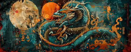 Dragon and Chinese Zodiac: A dragon amidst symbols of the Chinese zodiac, highlighting the cultural significance of the year 2025.の素材