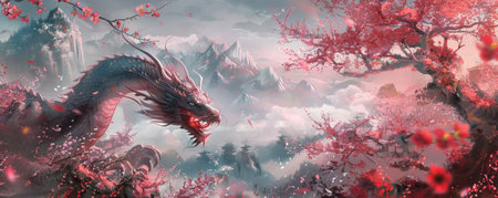 Dragon and Plum Blossom Garden: A dragon in a garden full of blooming plum blossoms, creating a serene and beautiful scene.の素材