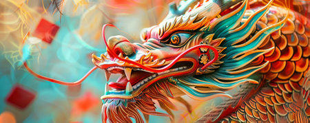 Dragon and Red Envelopes: A vibrant dragon with traditional red envelopes, symbolizing luck and good fortune.の素材