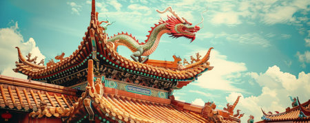 Dragon and Temple Roofs: A dragon soaring above traditional Chinese temple roofs, highlighting cultural heritage and architecture.の素材