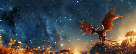 Dragon and Starry Night: A dragon flying through a clear, starry night sky, creating a sense of wonder and magic.の素材