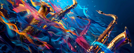 Dynamic jazz music background with vibrant notes swirling in the air, set against a deep midnight blue backdrop. Abstract saxophones and trumpets add to the lively atmosphere.の素材