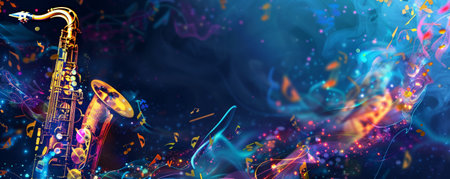 Dynamic jazz music background with vibrant notes swirling in the air, set against a deep midnight blue backdrop. Abstract saxophones and trumpets add to the lively atmosphere.の素材