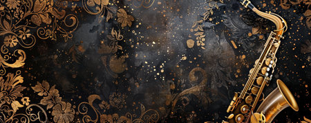Elegant jazz music background with a rich, deep color palette and intricate gold patterns. The luxurious design evokes the sophistication of a jazz club.の素材