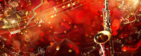 Festive jazz music background with vibrant red and gold colors, reminiscent of a holiday celebration. Musical notes and instruments are adorned with festive decorations.の素材