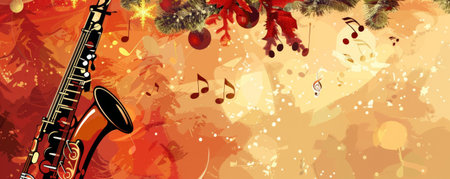 Festive jazz music background with a warm, inviting color palette and holiday-themed decorations. Musical notes and instruments add to the festive atmosphere.の素材