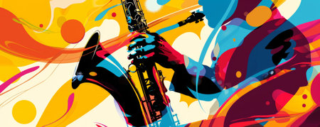 Lively jazz music background with bright, dynamic colors and abstract shapes. The energetic design reflects the vibrant spirit of live jazz.の素材