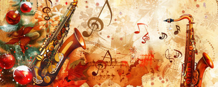 Festive jazz music background with a warm, inviting color palette and holiday-themed decorations. Musical notes and instruments add to the festive atmosphere.の素材