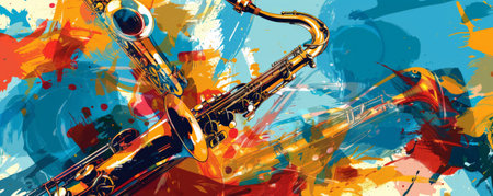 Dynamic jazz music background with bright, bold colors and explosive shapes. Abstract representations of instruments add to the high-energy feel.の素材