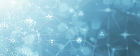 Medical background featuring a light blue gradient with transparent medical icons and a subtle grid pattern, creating a sense of technology and innovation.の素材