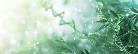Medical background featuring a soft green gradient with transparent DNA helixes and a subtle network pattern, emphasizing scientific research and innovation.の素材