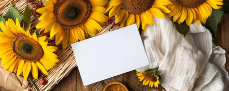 Mockup card birthday background showcasing a rustic summer theme, with a white card set against a backdrop of sunflowers, picnic blankets, and warm, earthy textures, creating a cheerful and sunny summer sceneの素材