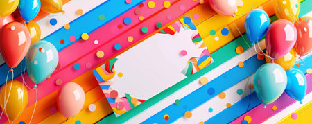 Mockup card birthday background with a vibrant rainbow theme, featuring bright and colorful stripes, and a white card with confetti and balloons, perfect for a cheerful and festive birthday celebrationの素材