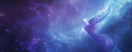Phoenix bird background featuring an ethereal blue and purple color scheme, with the bird's feathers shimmering in the moonlight. The background is a starry night sky with subtle mystical aurasの素材
