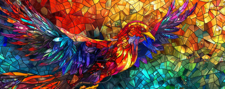 Phoenix bird background with a stained glass effect, showing the bird with colorful, translucent feathers. The background is a mosaic of vibrant colors and intricate patternsの素材