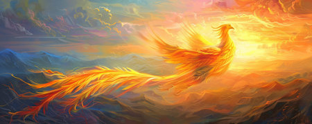 Phoenix bird background featuring a celestial sunrise, with the bird's golden feathers illuminated by the first light of dawn. The backdrop includes a horizon of mountains and a colorful skyの素材